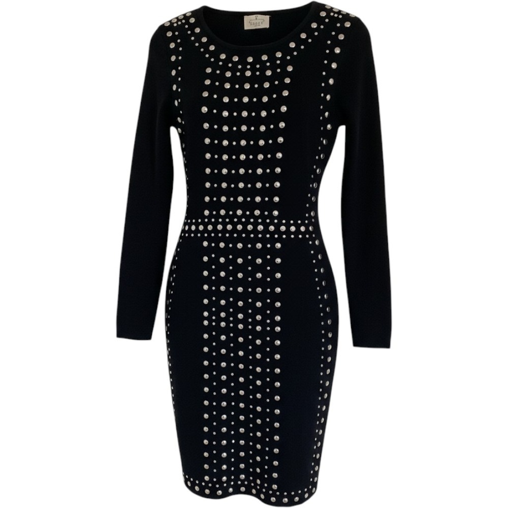 Ember Black Studded Long Sleeve Sweater Dress Women Large Crew Neck Bodycon